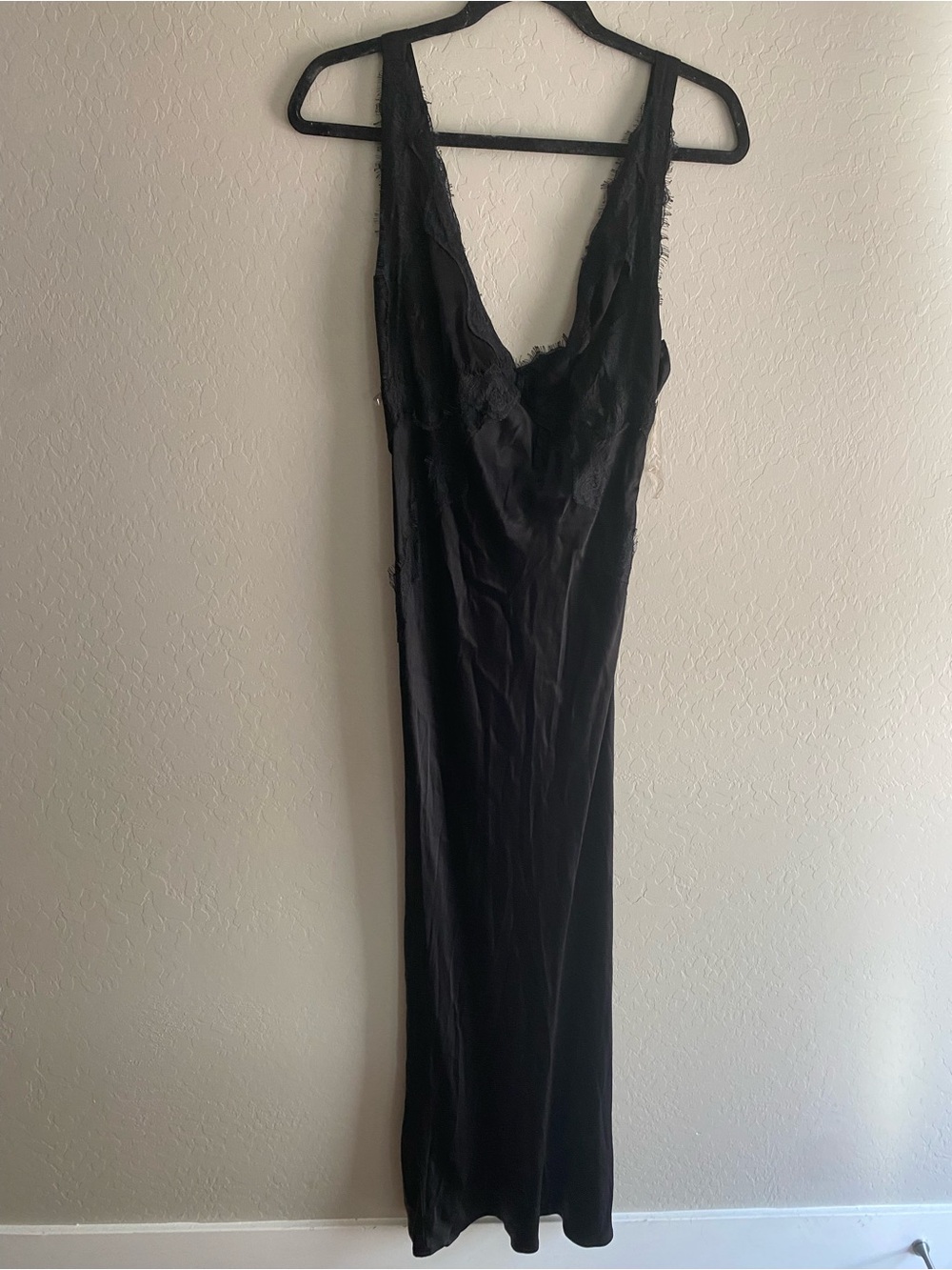 SNDYS Halliwel Black Satin Lace Plunging Back Slip Maxi Dress Size L